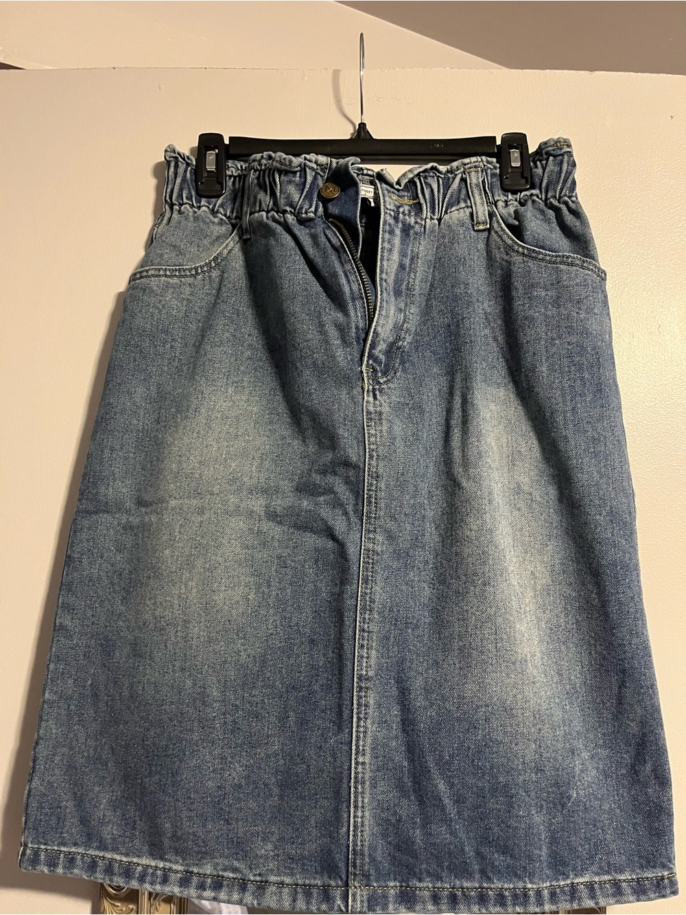 High-Rise Blue Denim Pencil Skirt with Paperbag Waist